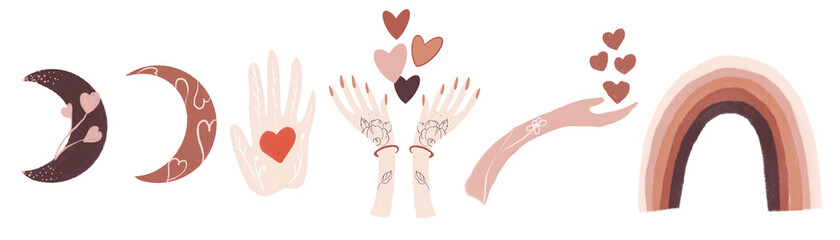 Boho Valentine Day set consists of six gnomes with hearts, air balloons, letter, a wooden sign