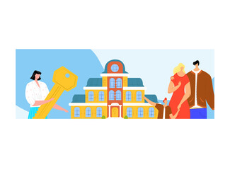 Woman character hold golden key, young lovely family buy apartment, cute father mother and son flat vector illustration, isolated on white. Concept girl real estate agent, sale home place.