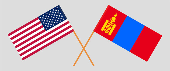 Crossed flags of the USA and Mongolia