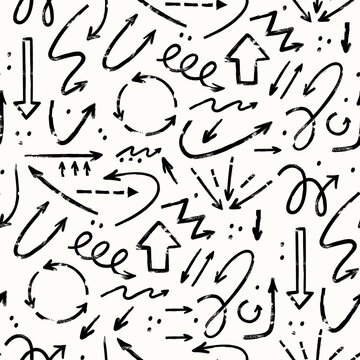 Various Doodle Arrows. Direction pointers. Different shapes. Straight, curly, twisted, dotted and round. Brush stroke style. Grunge texture. Hand drawn Vector Seamless Pattern. Square wallpaper