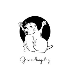 The groundhog has come out of its hole and is yawning and stretching.  Congratulations on Groundhog Day. Vector isolated on a white background.