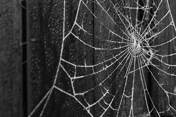 Frozen spider cobweb on a chilly morning in front of a wet wooden door in black and white