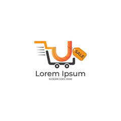 U letter logo, U letter shopping cart logo design template, U cart	