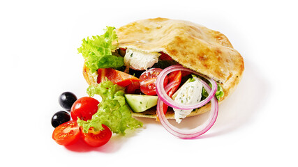 Close up of flatbread pita with vegetables, cucumber, tomato, red pepper at white isolated background. Fried ohnny cake. Eastern cuisine. Asia flapjack