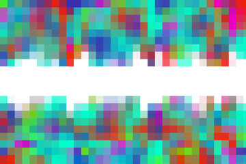 Rainbow abstract background with pixel texture of squares and copy space. Colorful banner with decorative borders. Mosaic pattern with large squares.