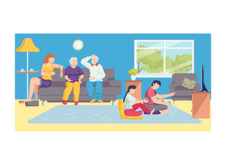 Children play game console, woman character communicate with old grandmother and grandfather flat vector illustration, isolated on white. Family gathering generation, concept household meeting.