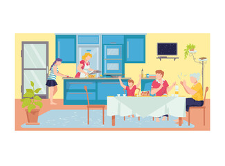 Family gathering generation, dinner grandsons, grandmother and mother, cozy kitchen room flat vector illustration, isolated on white. Concept daughter cut meal, woman cooking and celebration holiday.