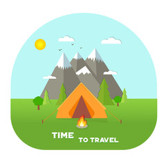 Time to travel. Camping travelling picturesque landscape illustration. Template with beautiful view on mountains, campfire, on mountain and forest background.