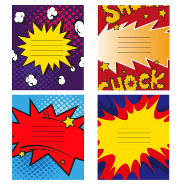Set of 4 comics book design element. Vector illustration. Notebook, card, placard, banner design