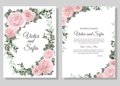 Floral template for wedding invitation. Pink roses, sakura, magnolia, green plants and flowers