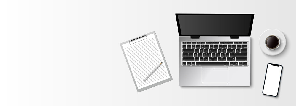 Flat lay minimal work space, Top view office desk with computer laptop, clipboard and coffee cup on white color background with copy space, vector illustration