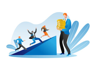 Colleague company together running to business success, team leader hold stack gold coin flat vector illustration, isolated on white. Businessman and businesswoman follow commercial achievement.