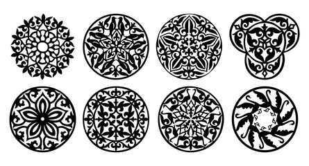 Set of 8 vector round elements and motifs of Kazakh, Kyrgiz, Uzbek, Turk national Islamic ornament for custom design. Collection of black and white, isolated stock illustrations.