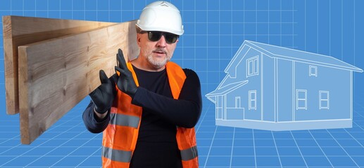 Construction technology. Virtual screen with a picture of building model. Builder on background of...