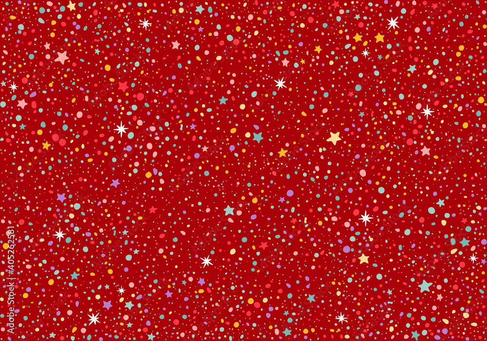 Aufkleber seamless pattern with colorful dots and stars on red background. vector christmas party texture