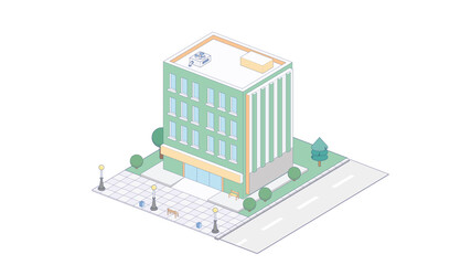 Vector isometric icon or infographic elements representing town apartment building with street for city map creation