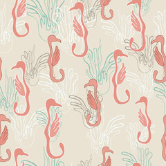 cartoon color pattern with flamingo and abstract plant