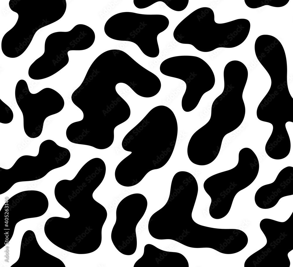 Poster cow skin seamless pattern. dalmatian doodle speck bg. animal fur texture in vector. black and white 