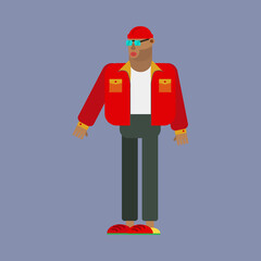 African American guy in a cap. Young black, cool dark-skinned man in trendy clothes. Cartoon character on blue background