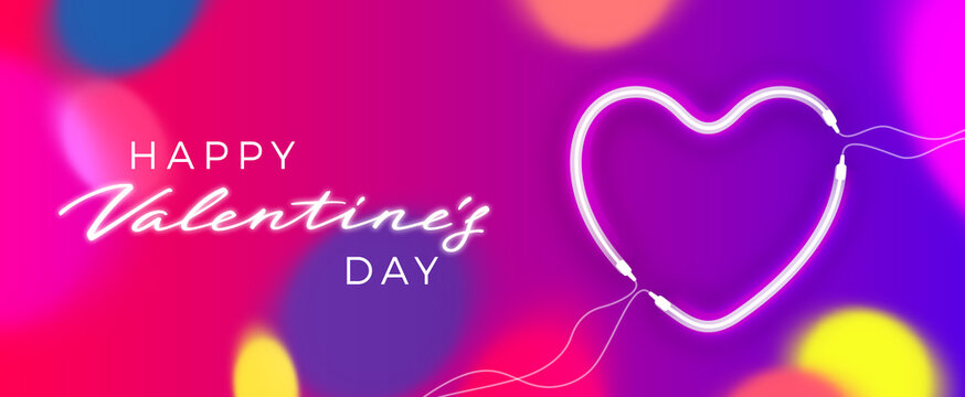 Valentines Day Banner with Glowing Neon Heart and Colorful Bokeh. Vector Love Concept with Shape of Heart.