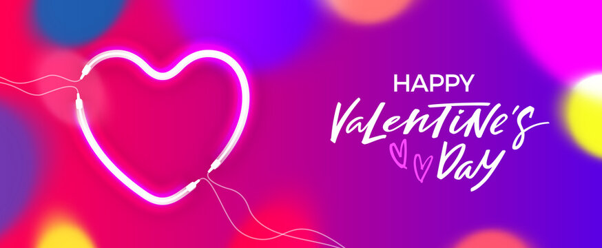 Valentine's Day Banner with Glowing Neon Heart and Colorful Bokeh. Vector Love Holiday Concept with Shape of Heart