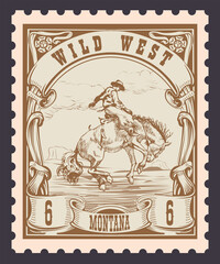 Obraz premium vector image of a cowboy on a horse in the form of a postage stamp printing on paper and t-shirt
