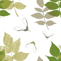 delicate yellow-green leaves on a white background, drawn silhouettes of leaves, wallpaper with plants, beautiful seamless pattern