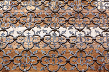 Antique wrought iron grate, iron fence, close-up