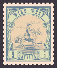 Obraz premium vector image of a cowboy on a horse in the form of a postage stamp printing on paper and t-shirt