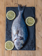 Still life of ingredients for cooking fresh Sparus aurata
