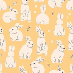 Decorative animals - hares or rabbits. Vector seamless pattern for textiles, paper, cards, any designs in pastel colors.