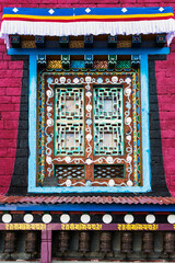 Traditional Tibetan architecture, colorful window detail of Tengboche Tibetan Buddhist monastery, Nepal