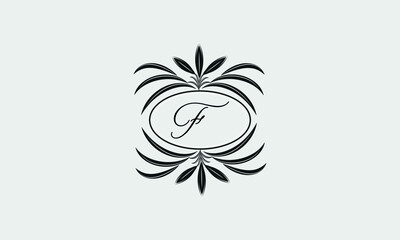 Vector logo design in trendy linear style. Floral monogram with the letter F in the center or space for the text of the letter - an emblem for fashion, beauty and jewelry industry, business