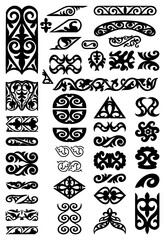 Set of 41 vector  elements and motifs of Kazakh, Kyrgiz, Uzbek, Turk national Islamic ornament for custom design. Collection of black and white, isolated stock illustrations.