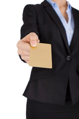 Portrait of a businesswoman holding a blank card