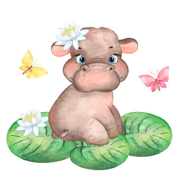 Childrens watercolor illustration with cute little hippo, cartoon character, hippo, water lily, butterflies