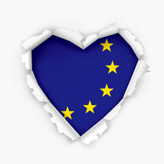 I love European Union , paper heart symbol.
Heart shaped hole torn through paper showing flag of European Union. Democratic patriotic concept. Vector available.