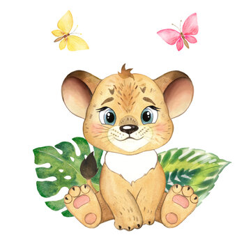 Childrens watercolor illustration with little lion cub, cartoon character, lion, african animal, cheerful lion cub