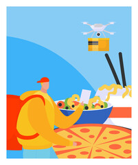 Obraz premium Modern technology delivery drone fast food pizza poster, foodstuff shipment express flat vector illustration, isolated on white. People male character choice edible food, meal supply service.