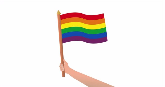Rainbow flag in hand. Pride flag, hand holding lgbt symbol for pride month. Love symbol. LGBT rights concept. Stock animation on white background. 4k footage. Alpha channel.