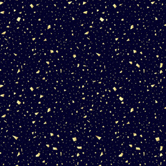Abstract seamless vector pattern with gold glittering flying confetti on a dark blue background.