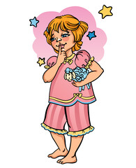 Vector hand drawn illustration of little beautiful sleepy girl in pink pajama stays and press her finger to lips and holds blue plushy sheep toy, preparing to sleep.