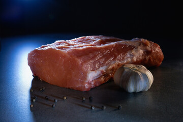 Raw meat on a gray background. A large piece of fresh mouth-watering meat with garlic and pepper. Culinary concept.