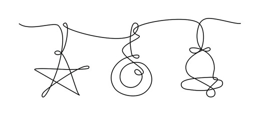 Vector set of three Christmas tree decorations, decorations for Christmas and New Year drawn by one line. Star, ball, bell. Fashionable trend direction. Isolated objects.