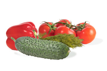 group of fresh vegetables for preparing salad isolated on white background. Healthy food concept
