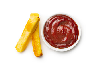 Big french fries. Fried potato chips with ketchup.
