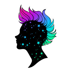 silhouette of a female head with a bright mohawk hairstyle - obrazy, fototapety, plakaty