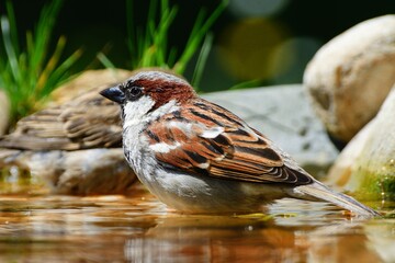 The House sparrow, Passer domesticus, male stands in the water of a bird's waterhole. Czechia. Europe. 