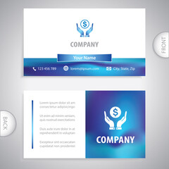 Business card template. Hands holding a coin. Concept of saving money and profit. Financial advice and business.