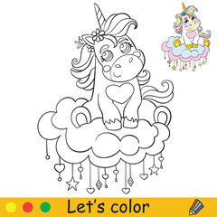 Cute baby unicorn sitting on a cloud. Coloring book page with colorful template. Vector cartoon illustration isolated on white background. For coloring book, preschool education, print and game.